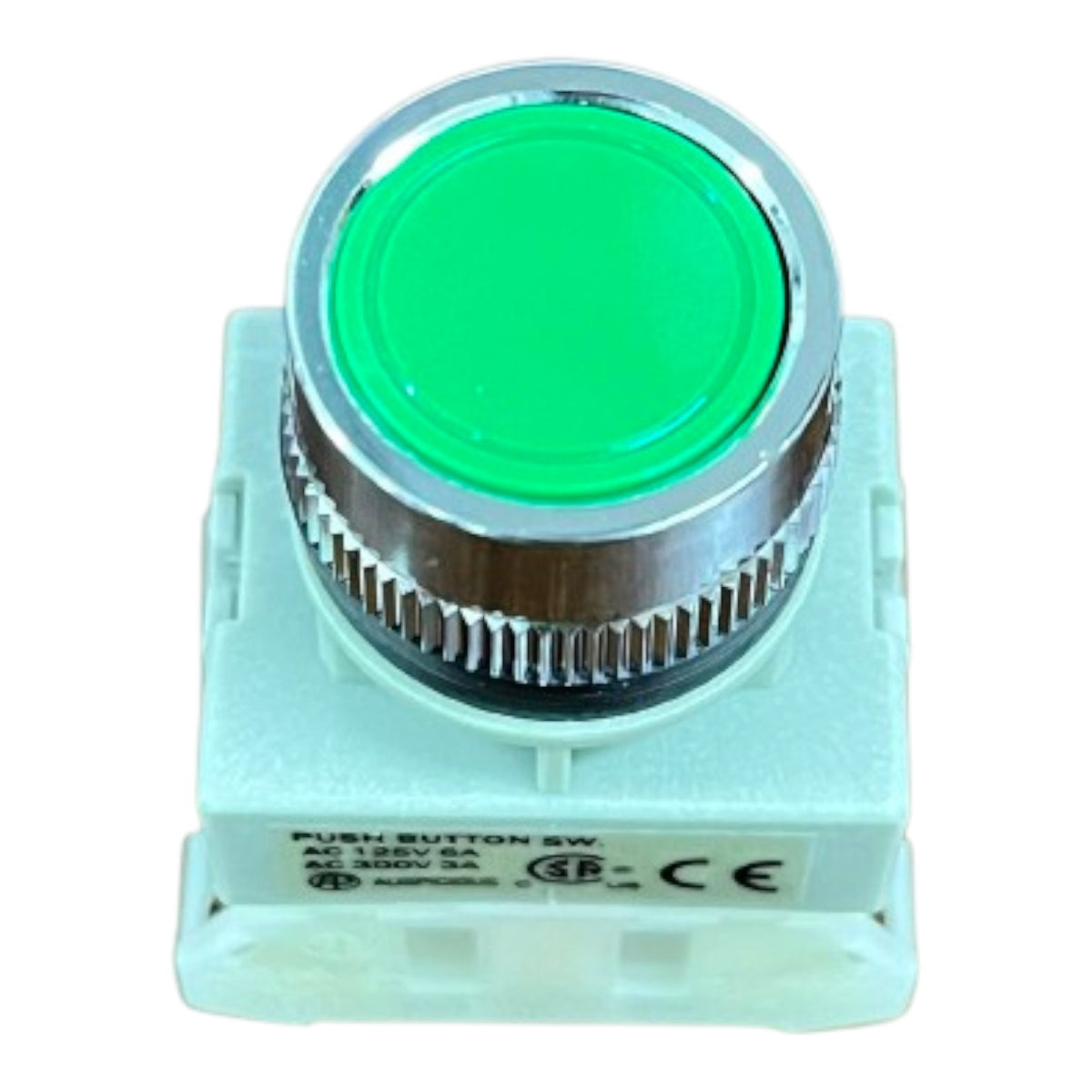 A green push button switch with a silver metal bezel and a white plastic housing, shown against a plain white background.