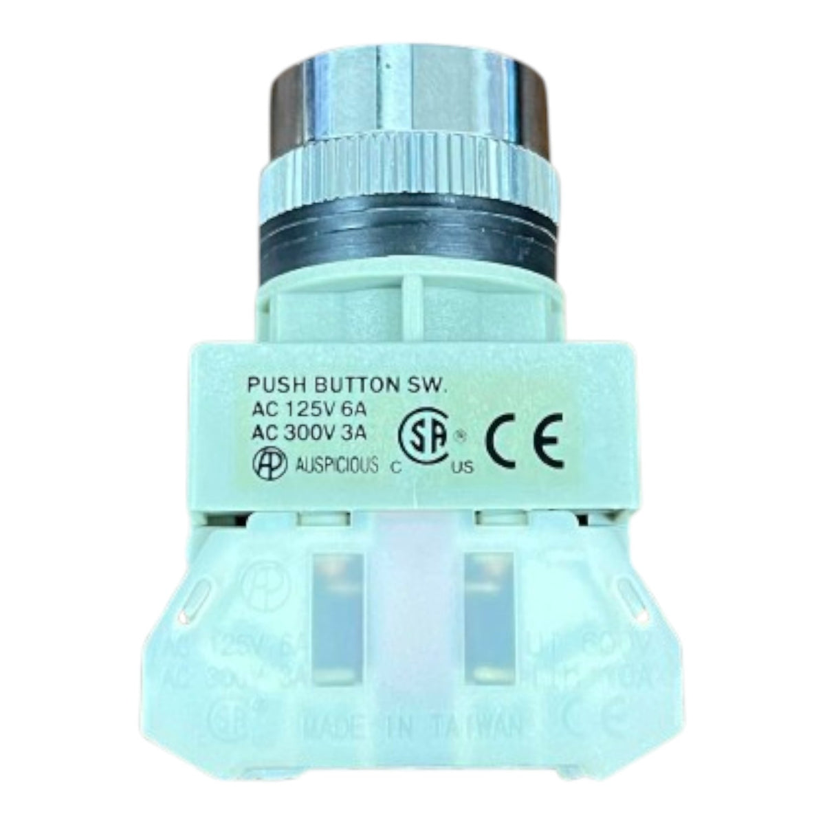 A light blue plastic push button switch with a silver metal top knob, featuring printed specifications and certification logos on its side.