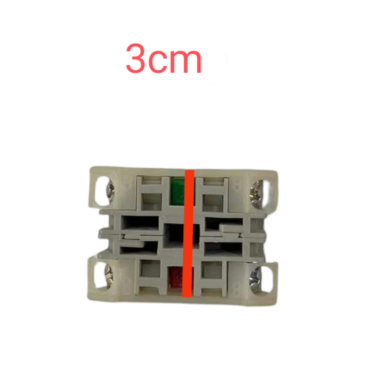 A small gray plastic electrical terminal block or connector component on a white background, with red text reading '3cm' above it and an orange vertical measurement marker over the center.