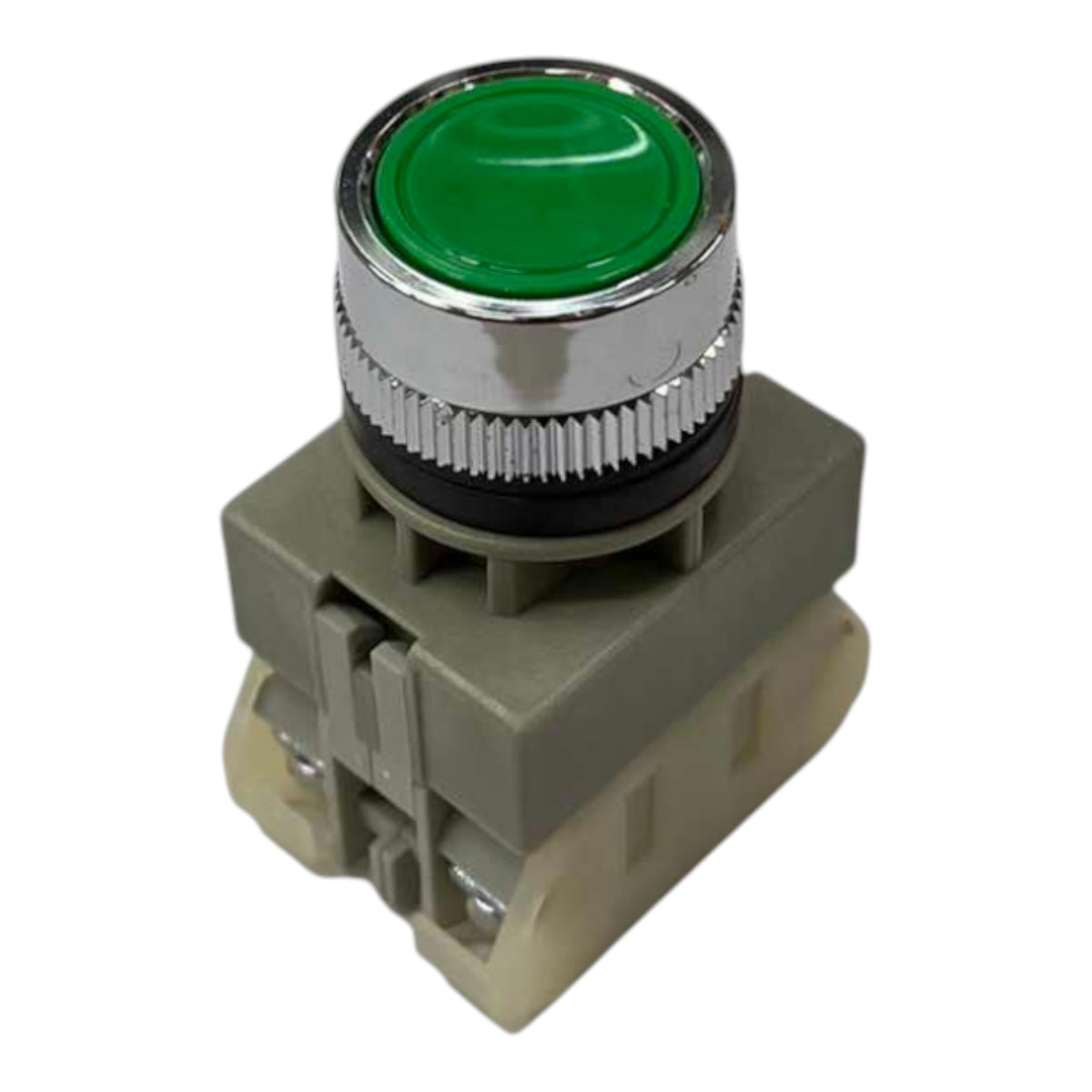 An industrial push button with a green faceplate, a shiny silver chrome ribbed collar, and a beige-gray plastic housing base, shown on a plain white background.