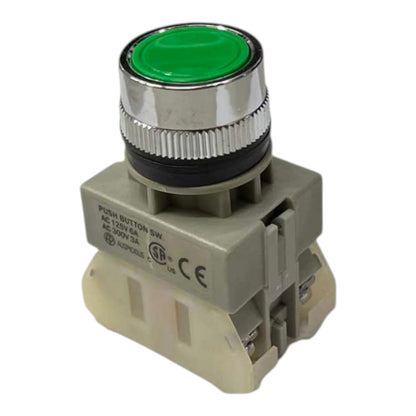 An industrial push button switch with a green button top, a silver metal collar, and a gray plastic housing, shown on a plain white background.