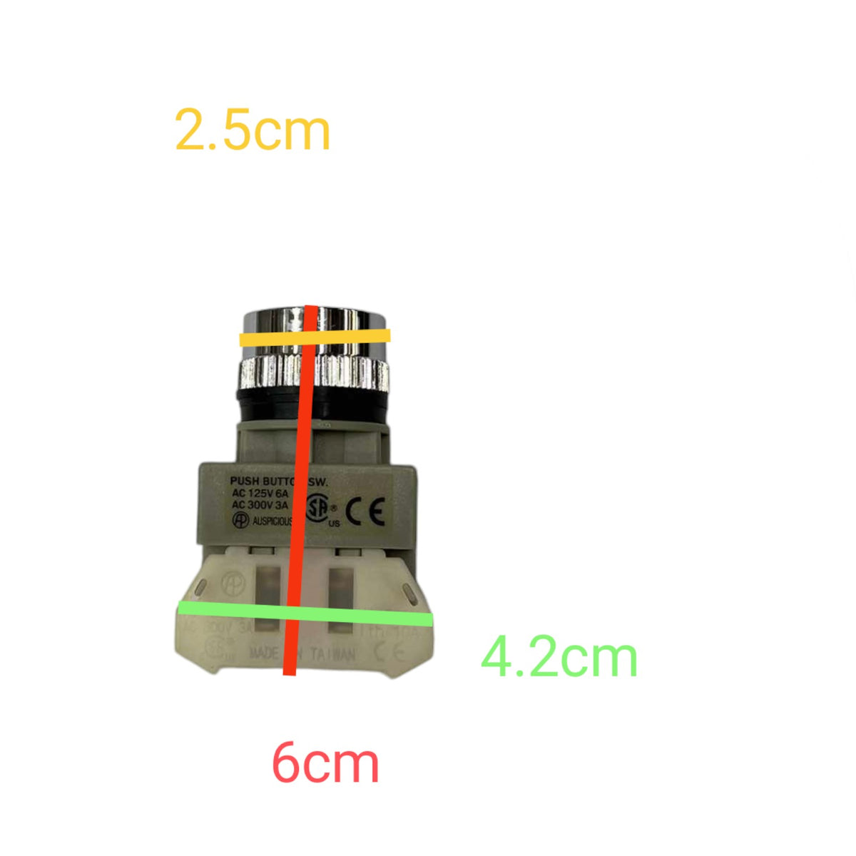 A small cylindrical electrical push-button component on a white background with overlaid dimension labels: 2.5cm at the top, 4.