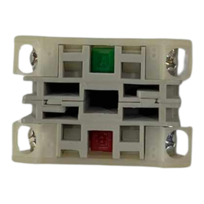 A plastic electrical terminal block connector with a white body, featuring a green terminal on the top and a red terminal on the bottom, isolated on a white background.