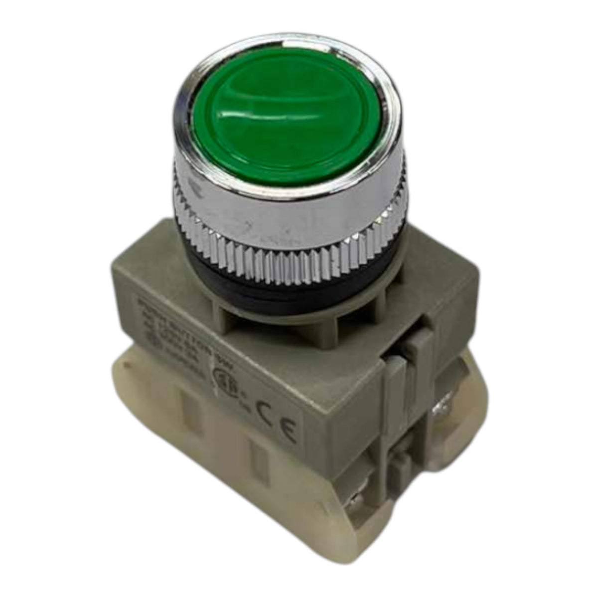 An industrial push button with a green top, a silver ribbed metal collar, and a gray plastic base, shown on a plain white background.