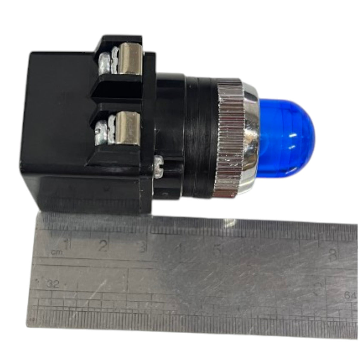 A small black electrical component with a blue dome-shaped light and a silver metal ring, shown next to a metal ruler for scale on a white background.