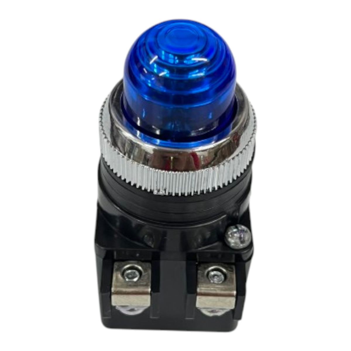 A blue push-button indicator light with a black housing, silver metal terminal screws, and a textured silver bezel, shown on a plain white background.