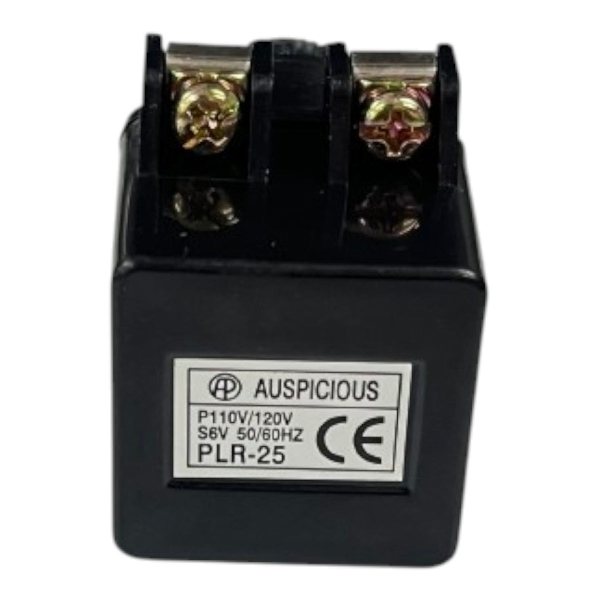 A black electrical relay component with two gold-colored screw terminals on top and a white label on the front displaying the brand 'AUSPICIOUS' and model 'PLR-25'.