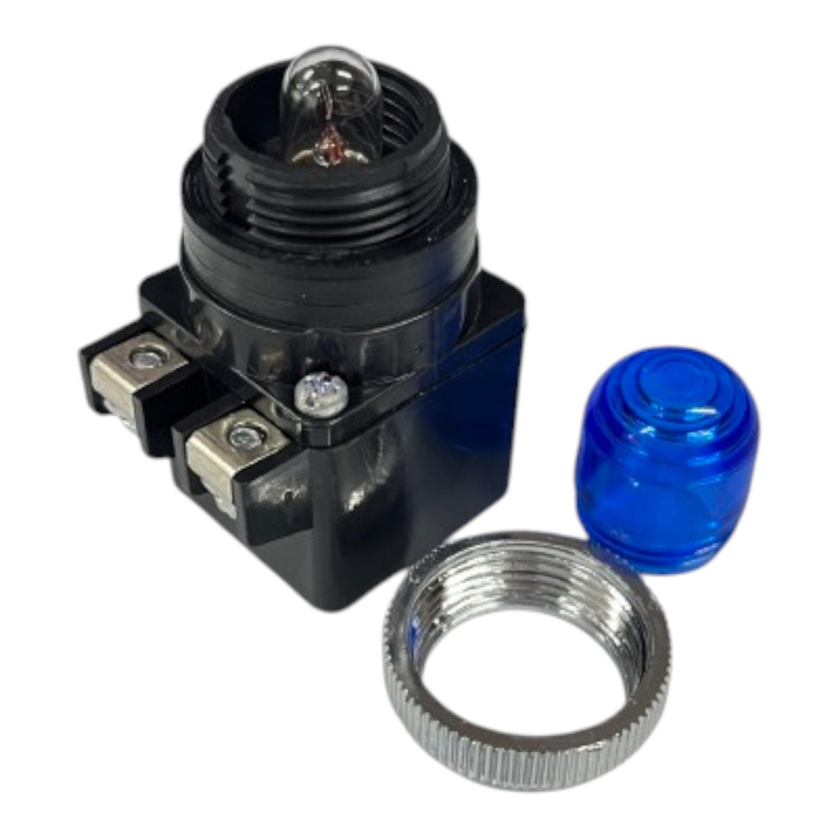 A black electrical socket or lamp holder with a clear bulb inside, shown with a separate silver metal ring and a translucent blue cap on a white background.