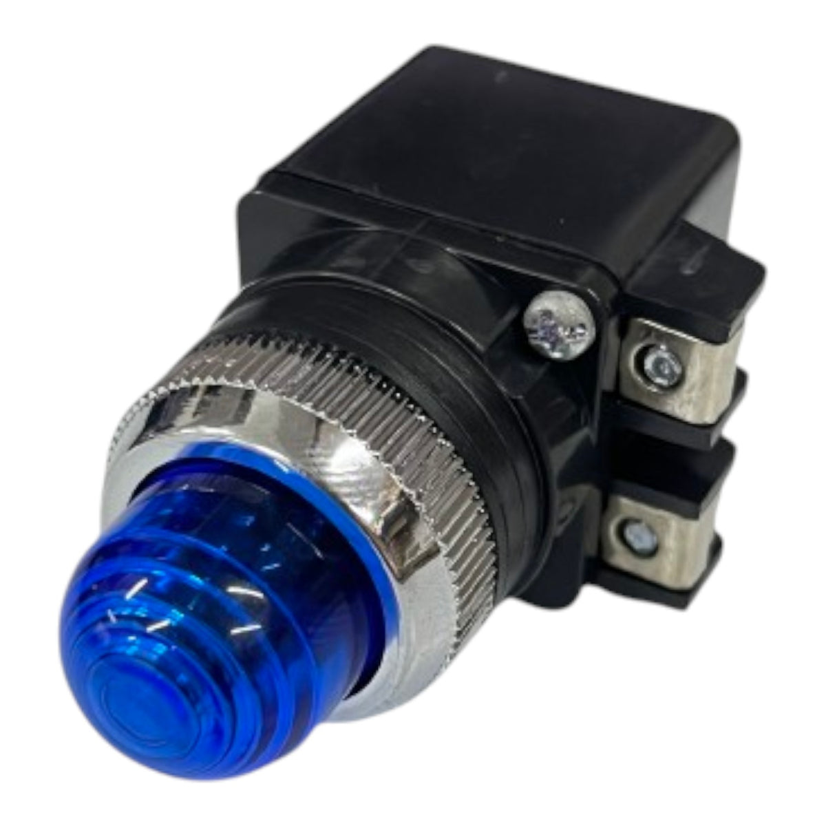 A black industrial push-button switch with a blue illuminated light and a silver metal bezel, shown on a plain white background.