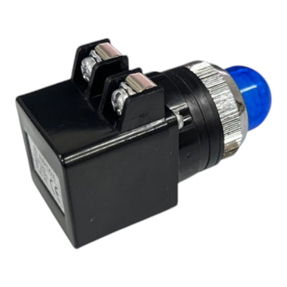 A black electrical relay or switch component with two terminal posts, a silver metal threaded section, and a translucent blue circular element at the end, shown on a plain white background.