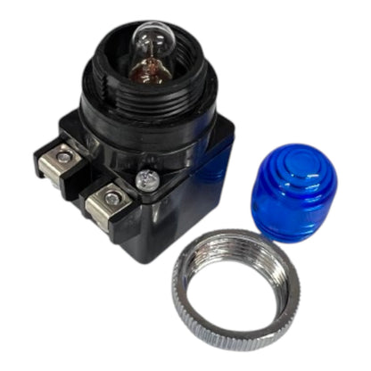 A black electrical light socket with a visible bulb, shown with a separate blue plastic cap and a silver metal ring on a plain white background.