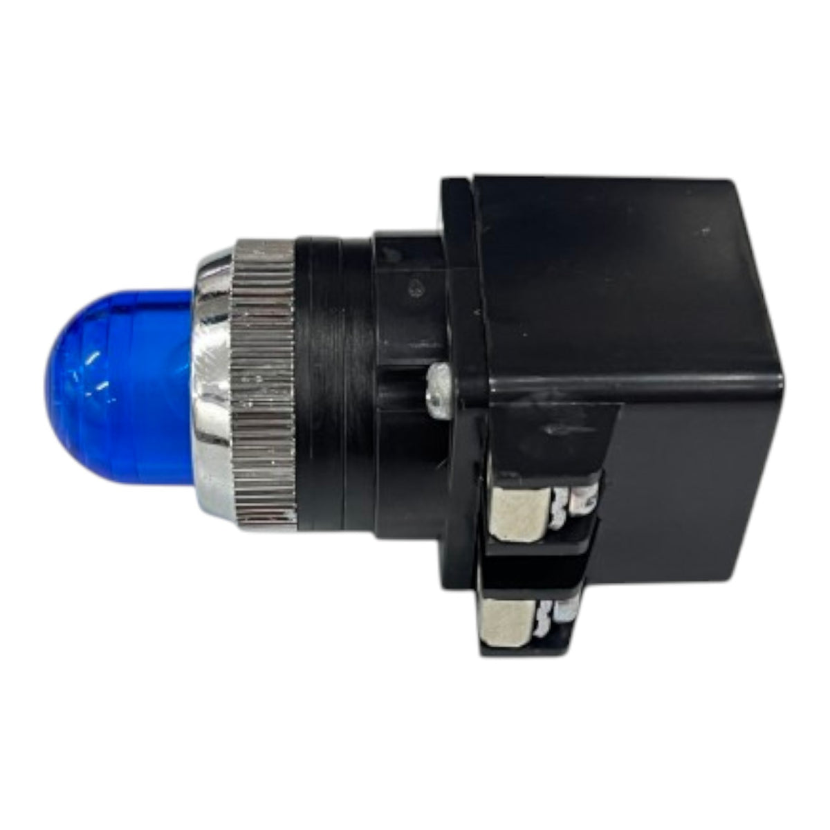 A small black electrical push-button switch with a translucent blue dome-shaped bulb and a silver metal adjustment collar, shown on a plain white background.