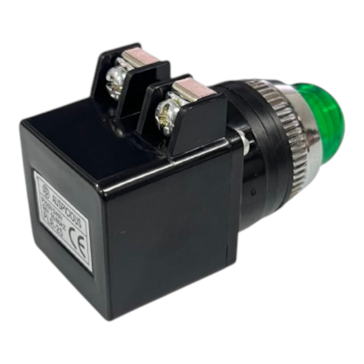 A black electrical relay or switch component with two terminal posts, a silver ribbed metal collar, and a translucent green light end, shown on a plain white background.