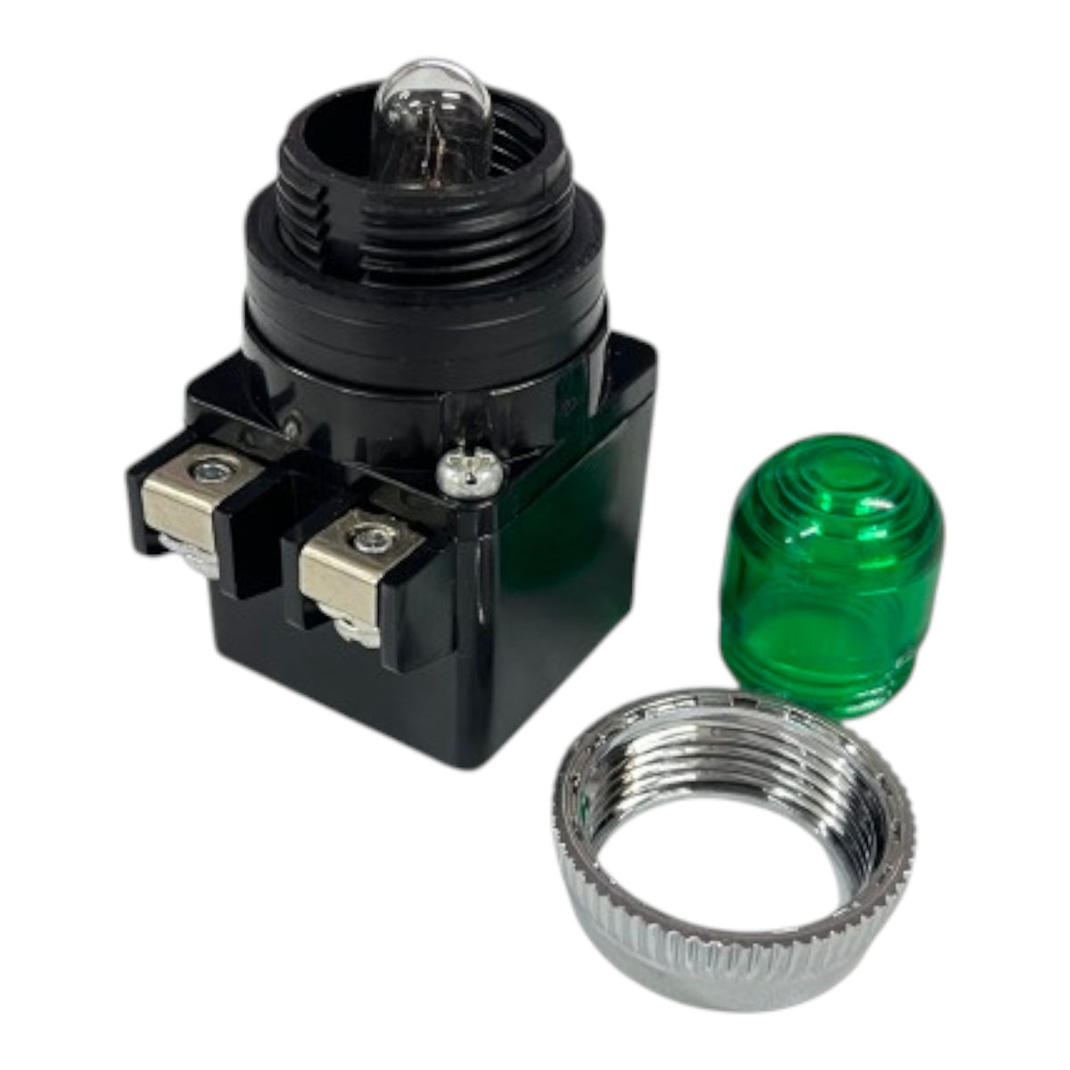 A black electrical light switch component with a threaded socket, two metal screw terminals, a separate silver metal ring, and a translucent green lens cover, shown on a plain white background.