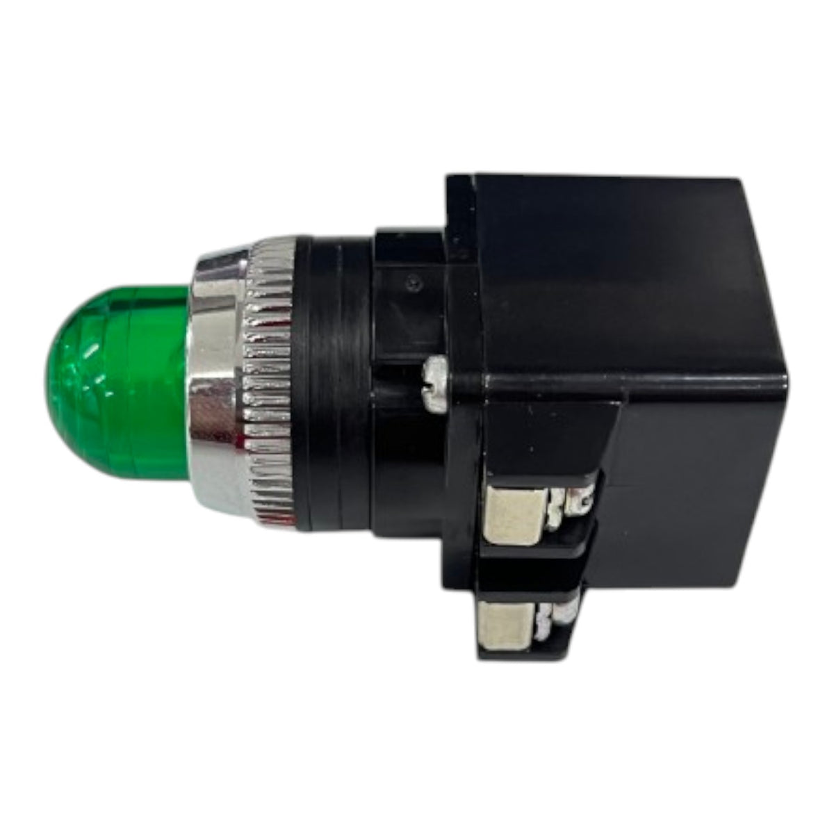 A black industrial push-button switch with a green dome-shaped LED light and a silver metal adjustment collar, shown against a plain white background.