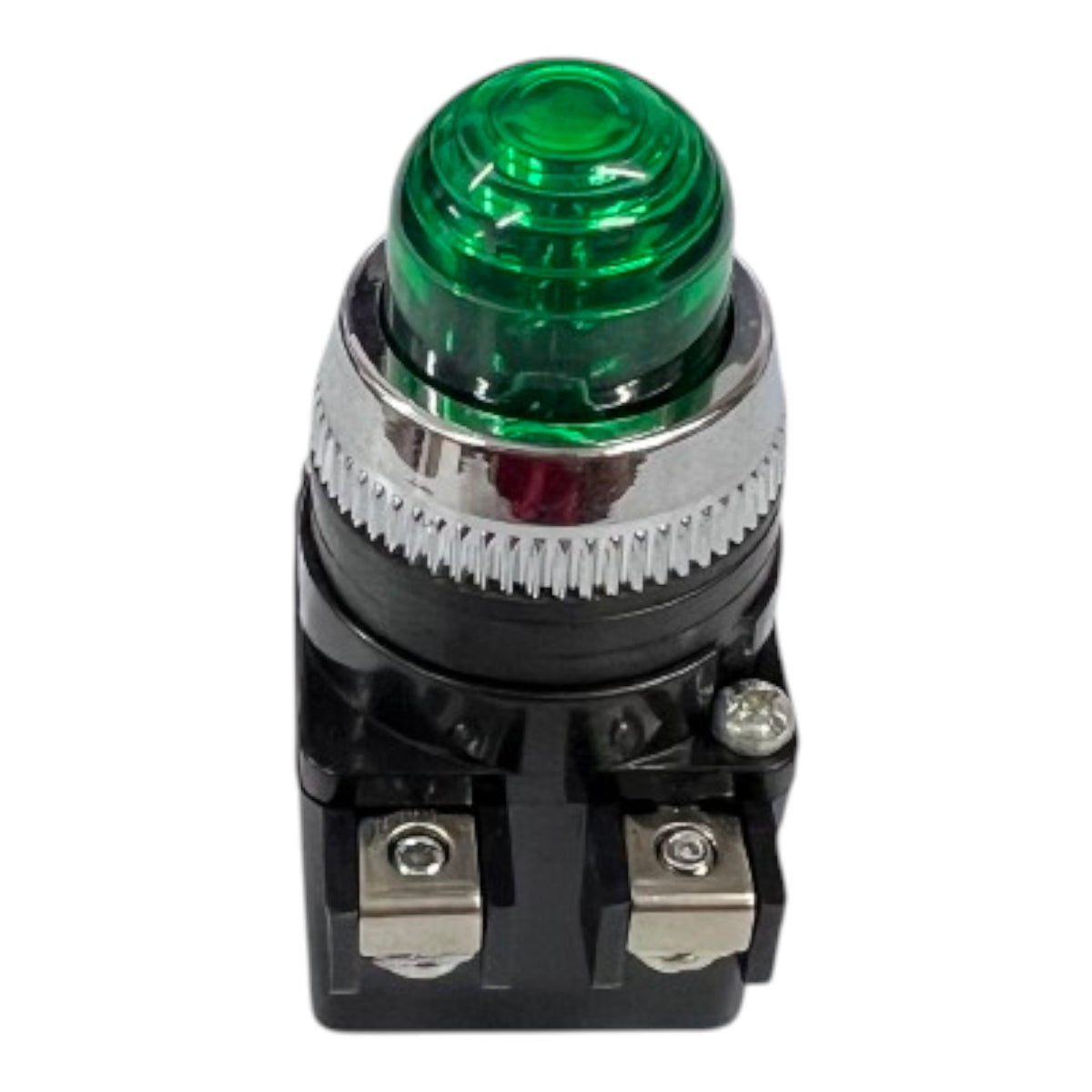 A green button push switch with a black plastic base, silver metal terminal screws, and a silver metallic ring around the translucent green light dome, shown on a white background.