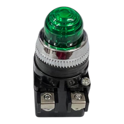A green button push switch with a black plastic base, silver metal terminal screws, and a silver metallic ring around the translucent green light dome, shown on a white background.