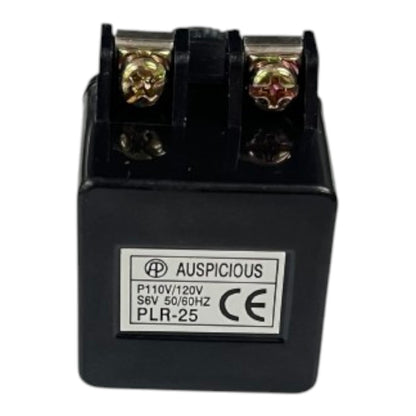 A black electrical relay component with two gold-colored screw terminals on top and a white label on the front displaying the brand 'AUSPICIOUS' and model 'PLR-25'.