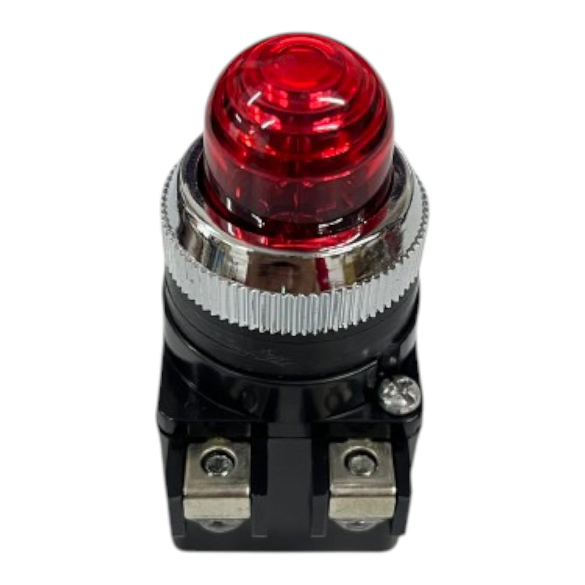 A red push-button indicator light with a black plastic housing, silver metal bezel, and two terminal screws at the base, shown on a plain white background.