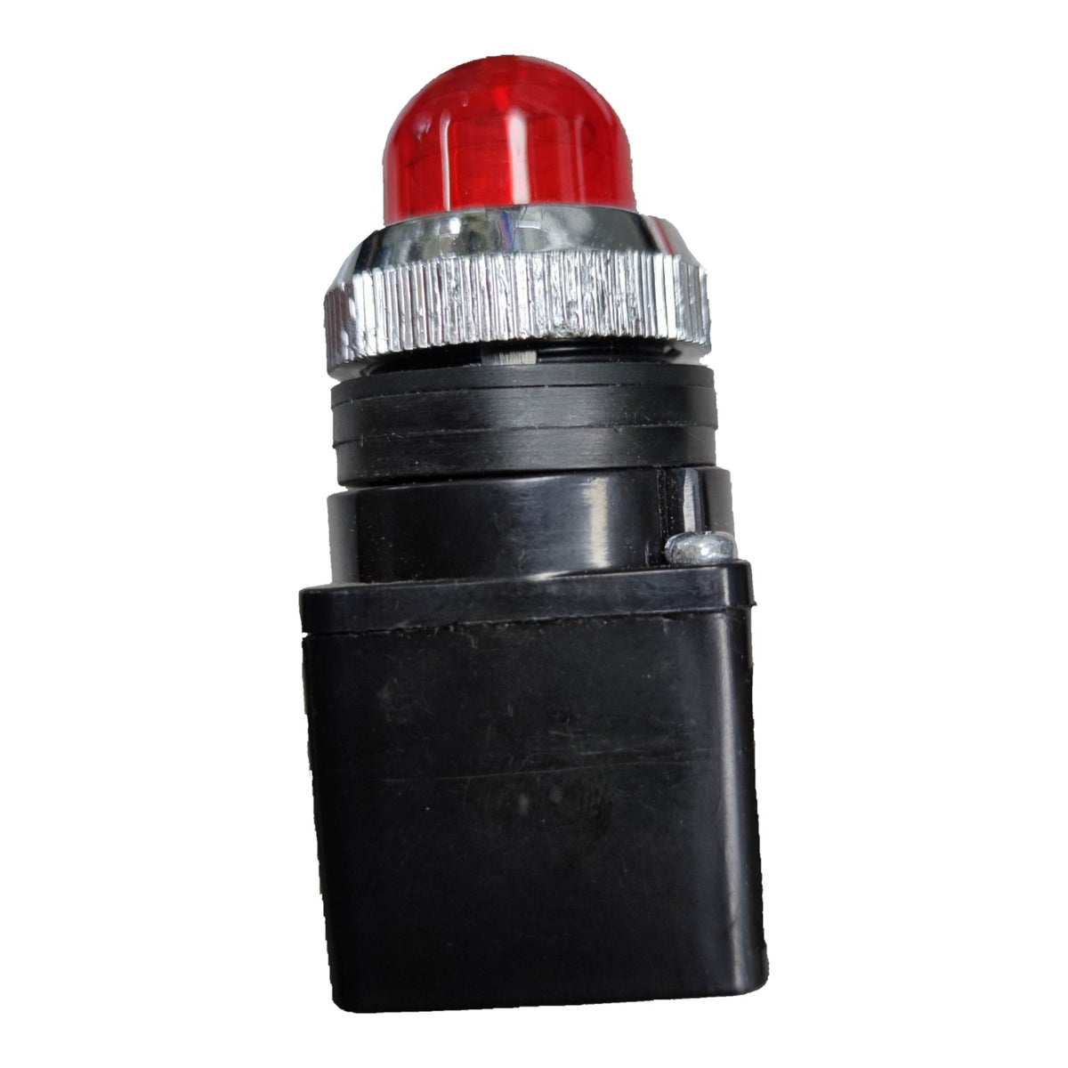 A small industrial or automotive indicator light with a red dome-shaped LED lens, a silver knurled metal collar, and a black plastic housing, shown on a plain white background.