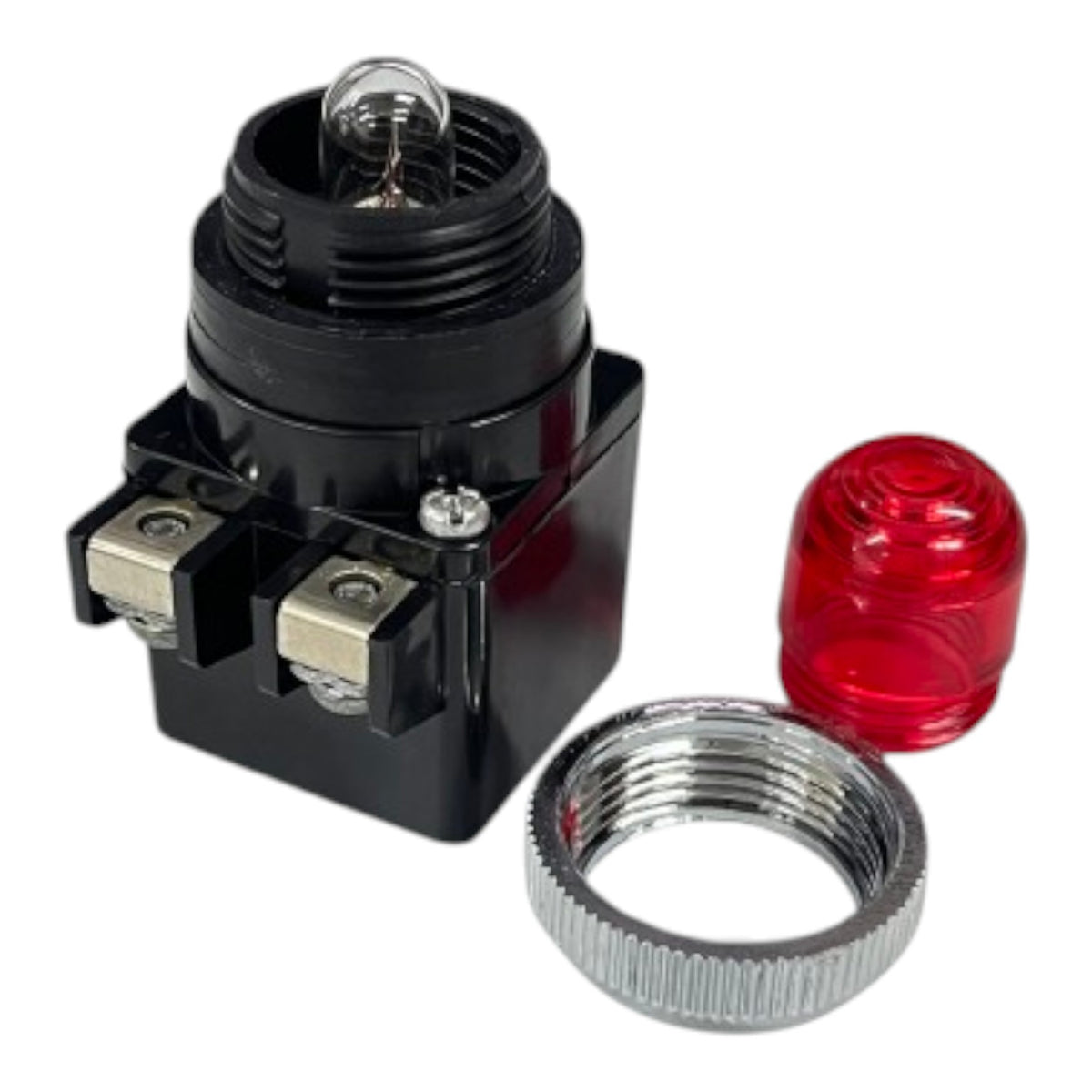 A black marine electrical switch module with a small bulb in the top socket, two metal terminal screws on the side, a clear red plastic cap, and a silver metal threaded nut, all shown on a white background.