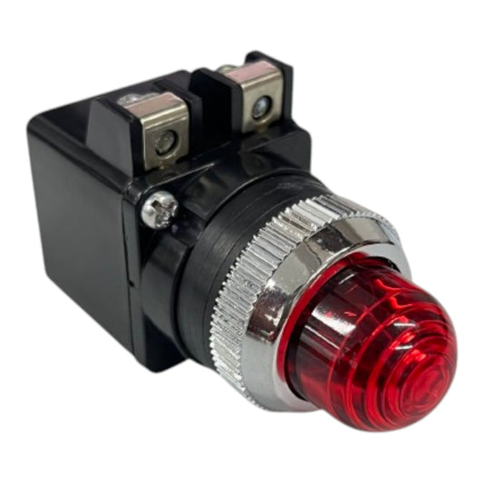 A black industrial toggle switch with a red illuminated button and a silver metal bezel, shown on a plain white background.