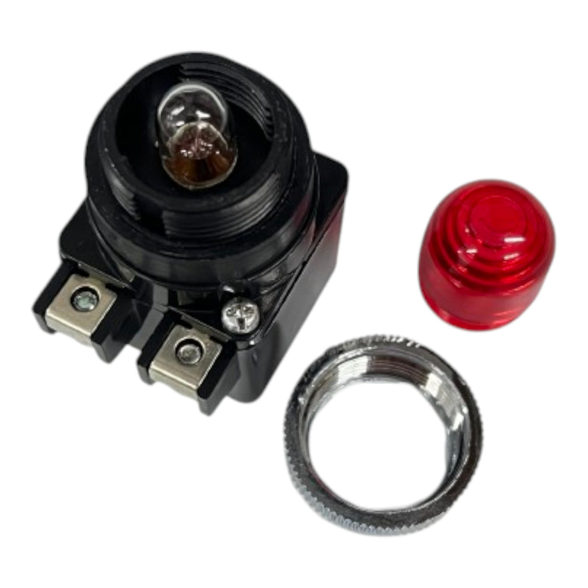 A small black electrical push-button switch with a clear lens, shown alongside a red plastic button cover and a silver metal mounting ring on a white background.