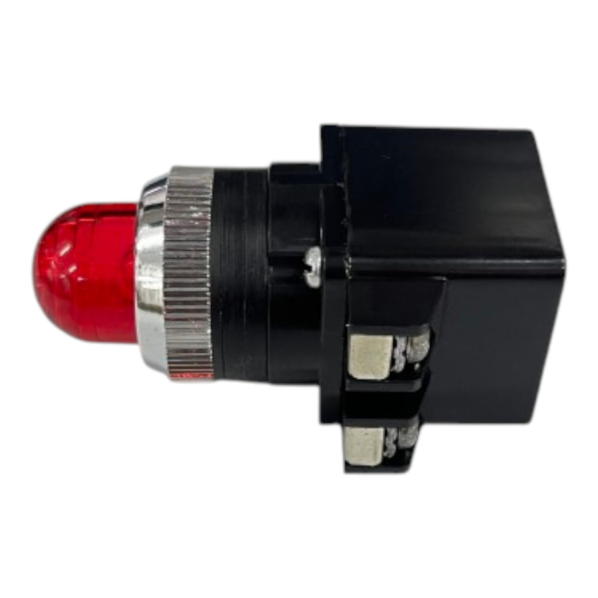 A red LED indicator light with a black plastic housing and a silver ribbed metal collar, shown on a plain white background.