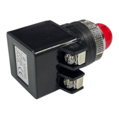 A small black electrical relay or switch component with two screw terminals, a silver ribbed metal connector section, and a red cylindrical end, shown on a plain white background.