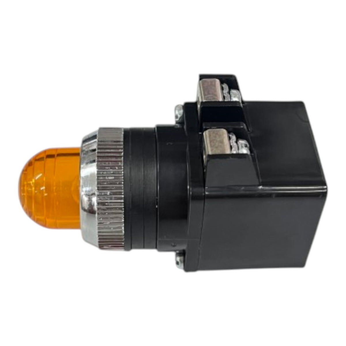 A black industrial push-button switch with an amber/orange translucent dome-shaped light and a silver metal bezel, shown against a plain white background.