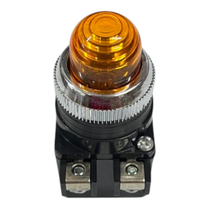 An industrial push-button switch with an amber orange translucent dome, a silver ribbed metal collar, and a black plastic base with terminal screws.