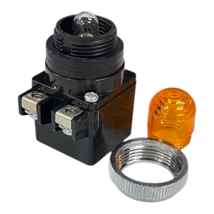 A black electrical light socket with a small bulb inside, shown with an orange translucent lens and a silver metal threaded cap on a plain white background.