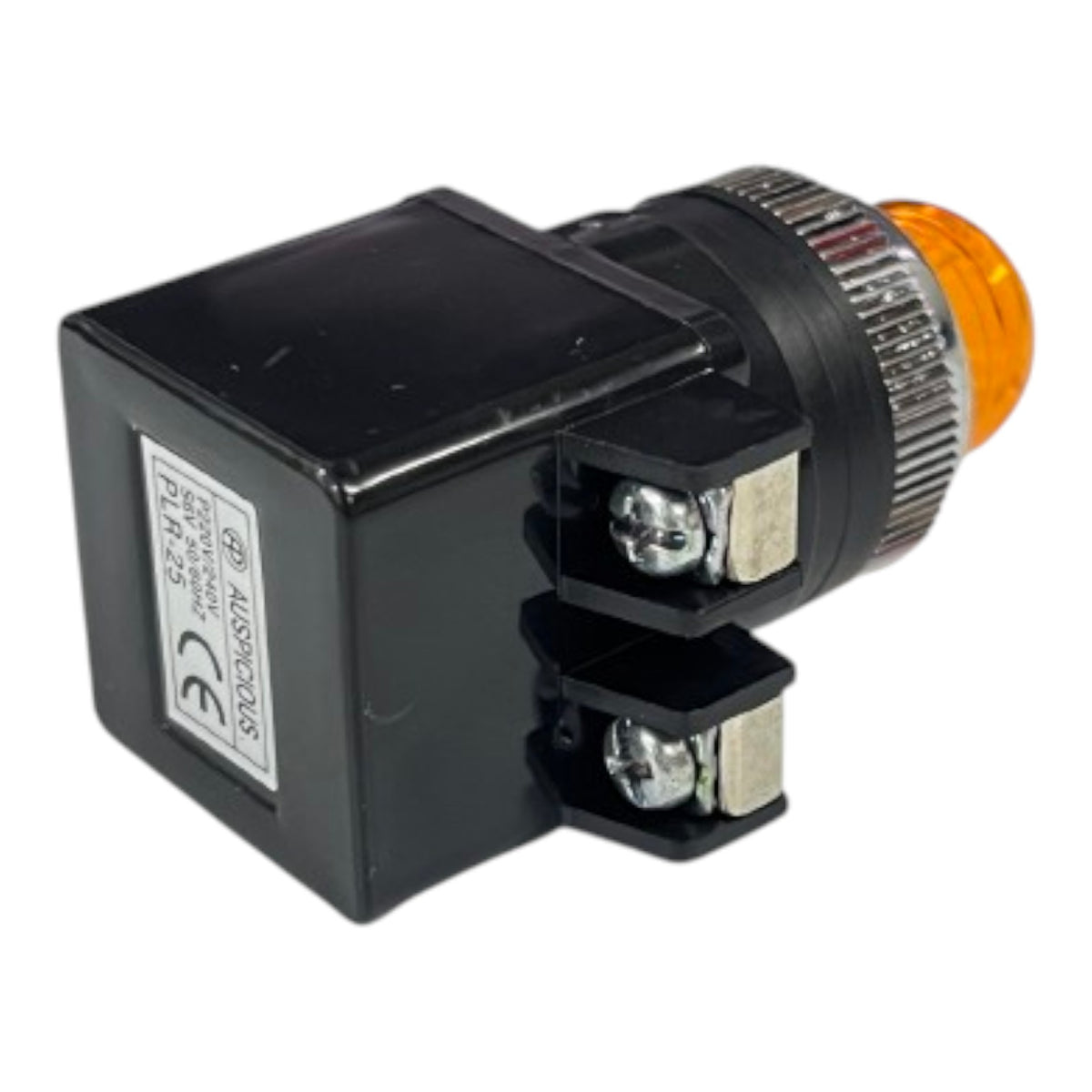 A black electrical relay or switch component with a small orange indicator light on a silver threaded collar, photographed on a plain white background.
