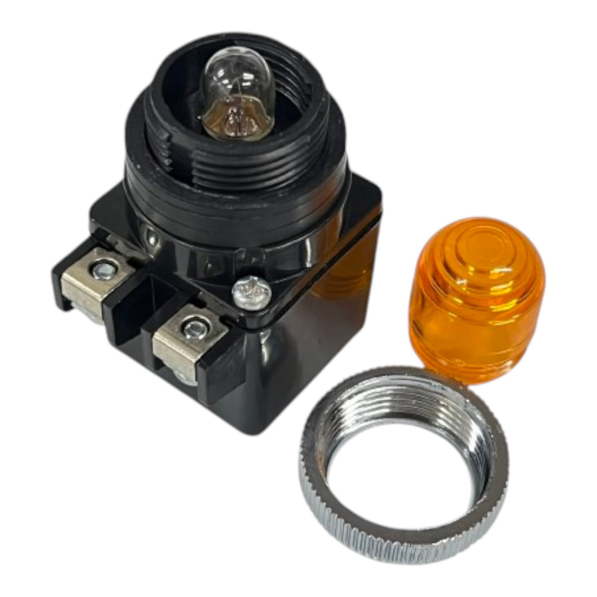 A small black electrical light socket with a clear bulb, shown with an orange translucent lens cover and a silver metal mounting ring on a white background.