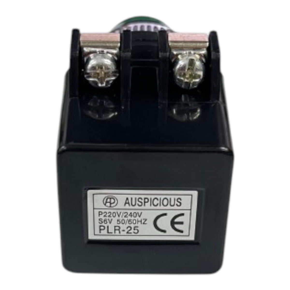 A black electrical relay component with two metal screw terminals on top, featuring a white label with the brand name Auspicious and technical specifications.