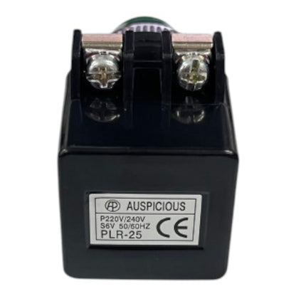 A black electrical relay component with two metal screw terminals on top, featuring a white label with the brand name Auspicious and technical specifications.