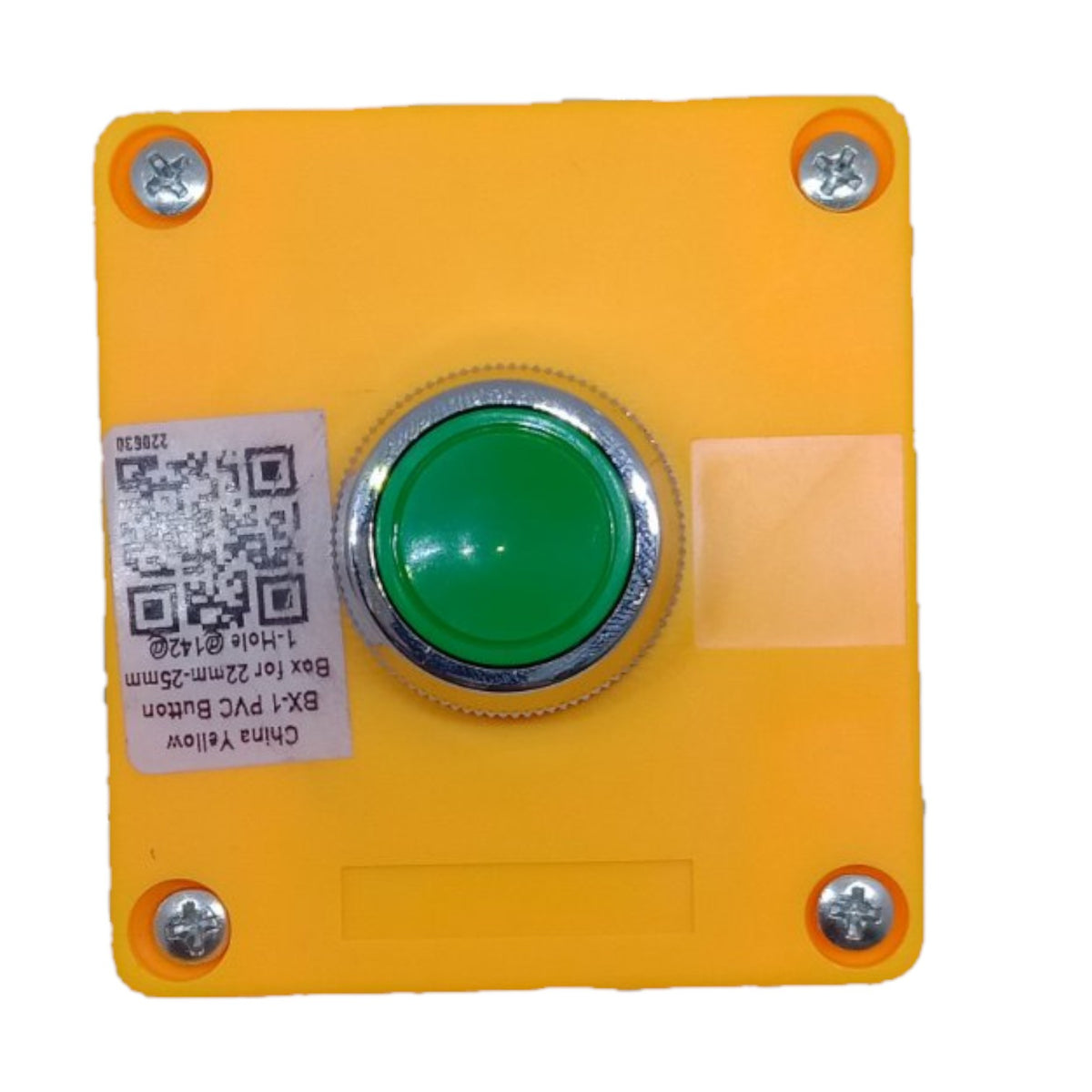 A square yellow industrial plastic control panel with a central green push-button and silver metal bezel, secured with four screws on a white background.