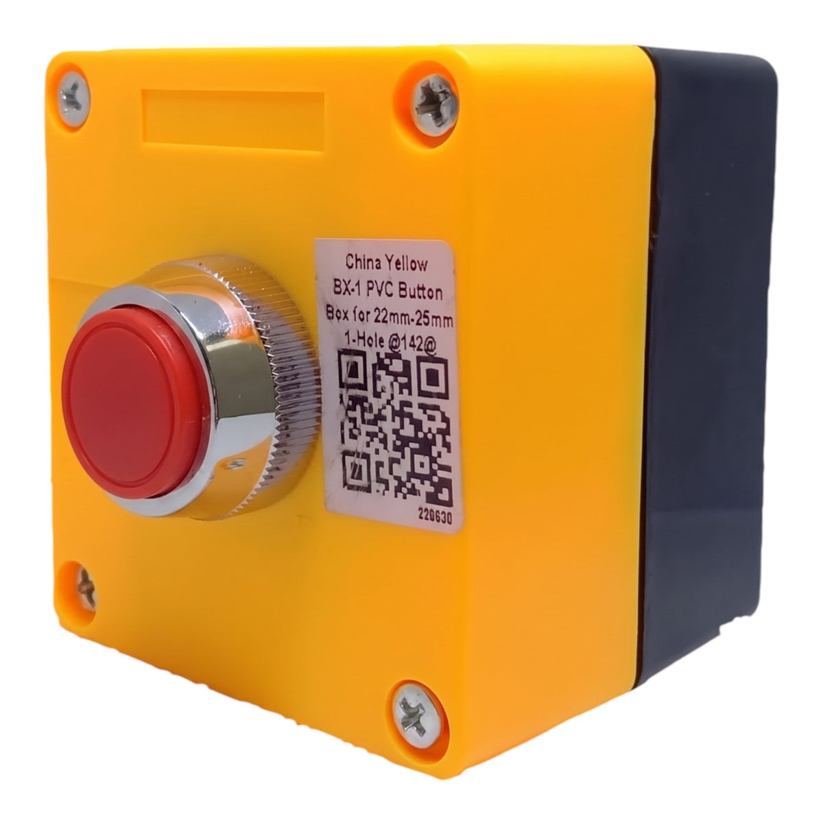 A yellow and black industrial PVC push button box with a red emergency stop button and a silver metal bezel, shown on a white background.