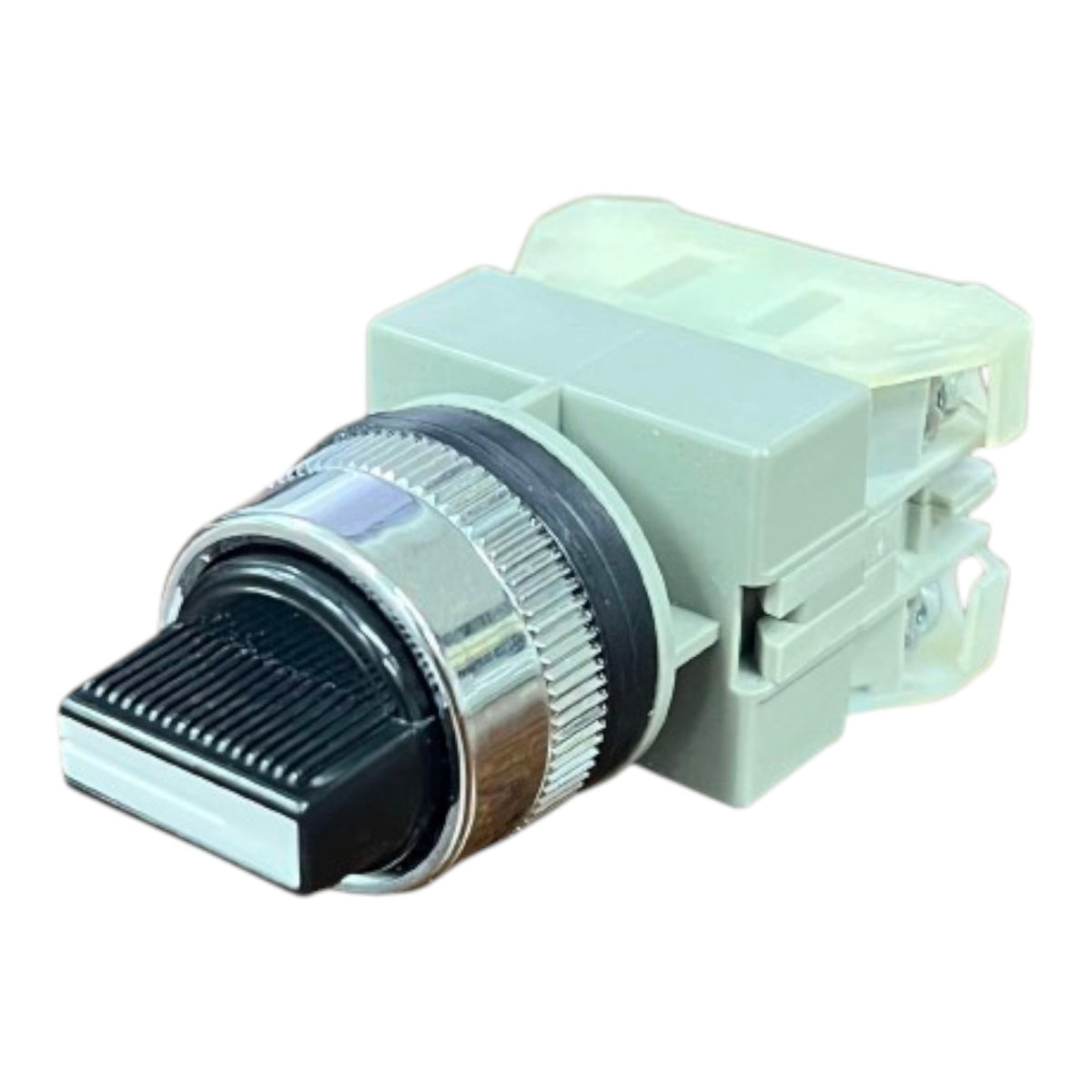 A plastic and metal electrical connector component with a black ribbed knob, a silver metal ring, and a light gray plastic body, isolated on a white background.