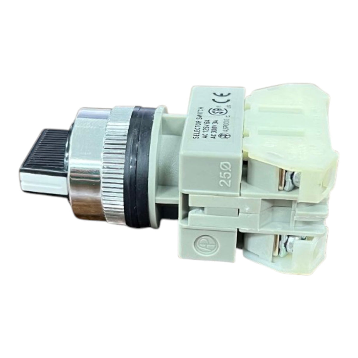 A kitchen faucet cartridge with a chrome-finished spout body, a black rubber O-ring, a silver ribbed collar, and a light gray plastic housing with printed technical specifications.