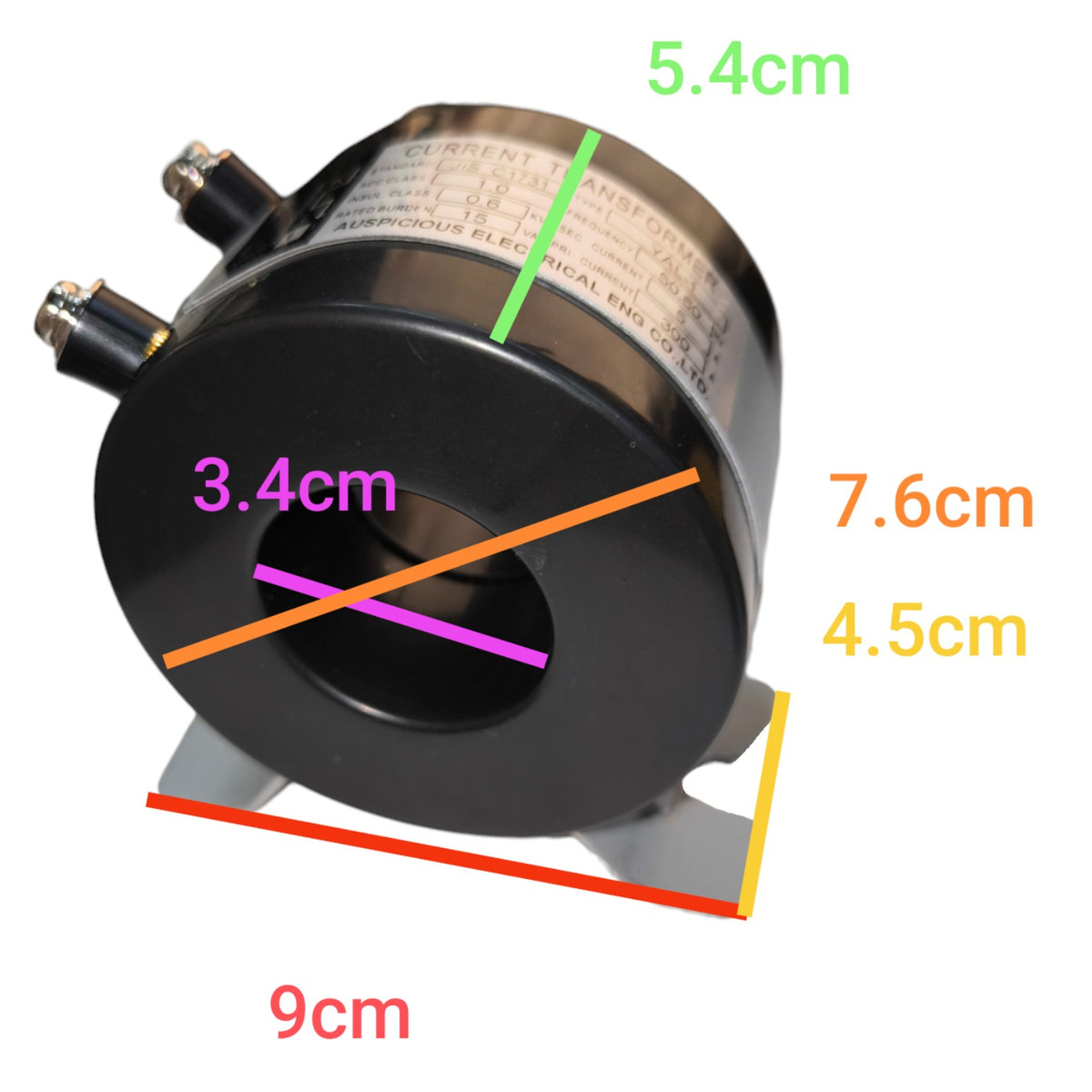 A black cylindrical electrical component with metal terminals and printed technical labeling, shown on a white background with colored measurement lines and text indicating dimensions such as 5.4cm, 3.