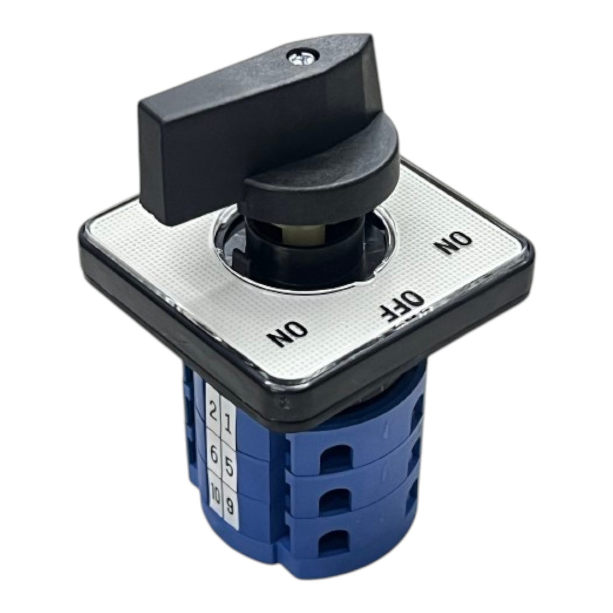 A marine electrical switch with a black rotary handle, a silver textured faceplate with ON/OFF markings, and a blue multi-socket terminal base.