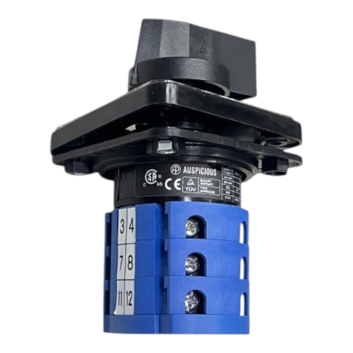 An industrial electrical component, specifically an Auspicous contactor or relay module, featuring a black top housing and a blue lower terminal block with labeled white slots showing numbers 3, 4, 7, 8, 11, and 12.