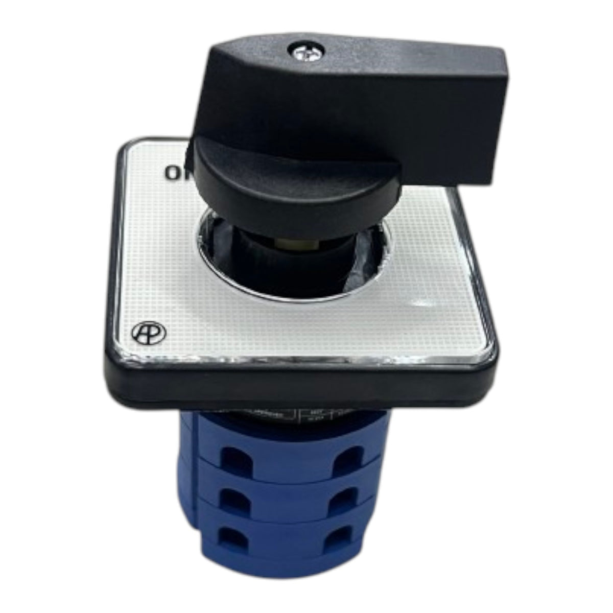 A marine electrical switch component featuring a black plastic toggle knob on a textured silver square faceplate, mounted on a blue cylindrical base, isolated on a white background.