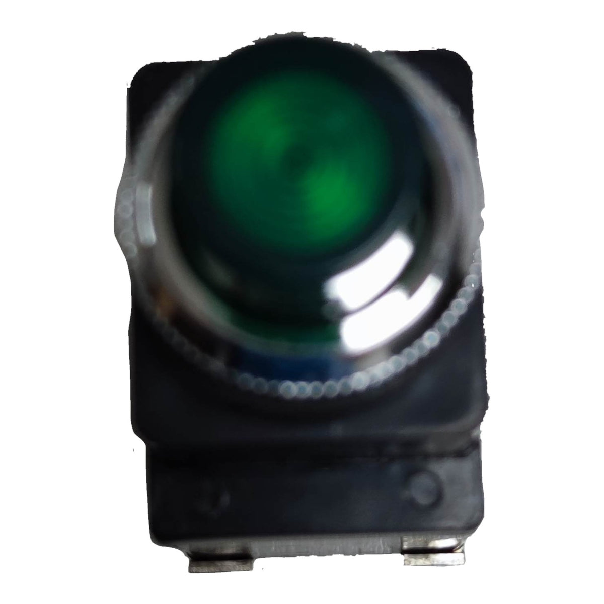 A small black push-button switch with a green lens or glass face and a silver metal ring around it, isolated on a white background.