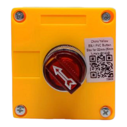 A square yellow PVC emergency stop button with a red circular central cover featuring a white double arrow. The button is secured with four silver screws in the corners, and a white label on the right side displays the text 'China Yellow EX-1 PVC Button' along with a size specification and a QR code.