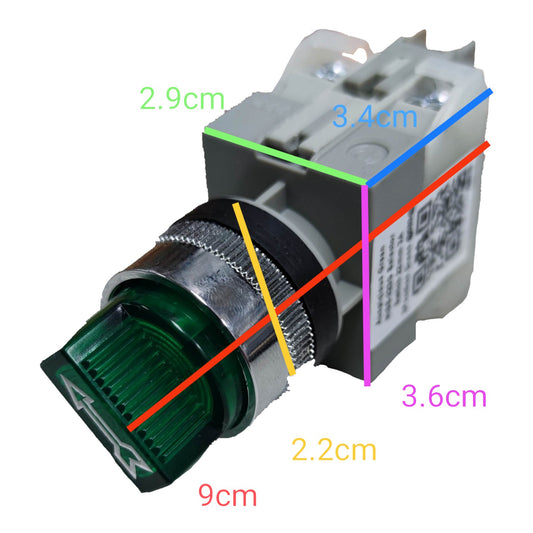 A small industrial push-button switch with a green translucent front and gray housing, overlaid with colored measurement lines and labels showing dimensions in centimeters on a white background.