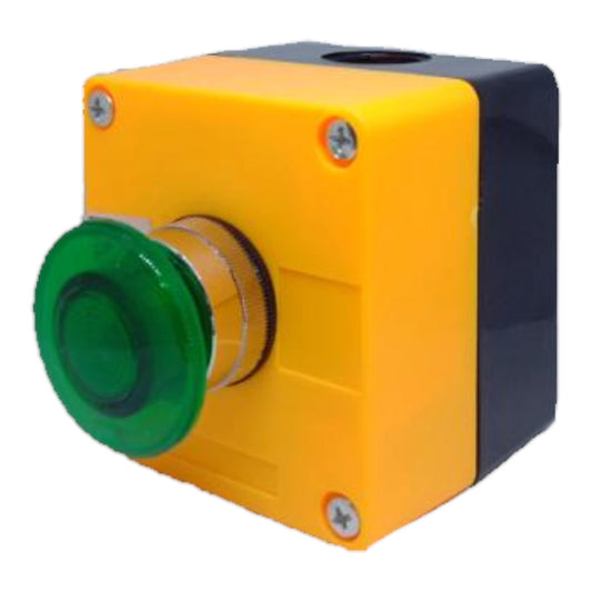 An industrial push button module featuring a bright yellow faceplate, a prominent green circular button cover, and a black side housing, shown on a plain white background.