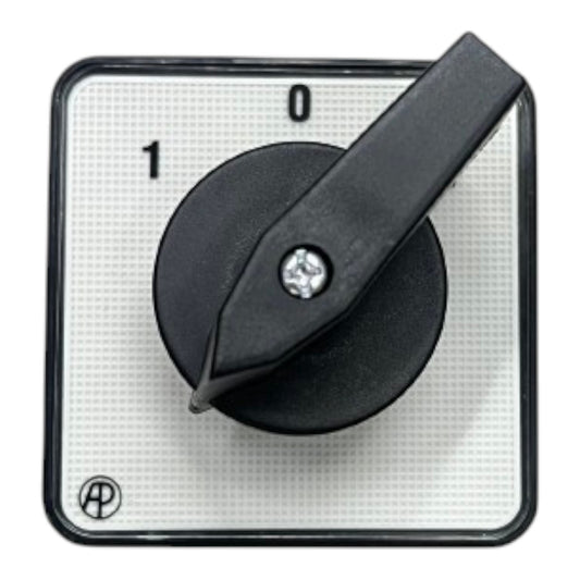 A close-up of a black rotary switch or dial with a square white face, black border, printed numbers 0 and 1, and a small circular logo in the lower left corner.