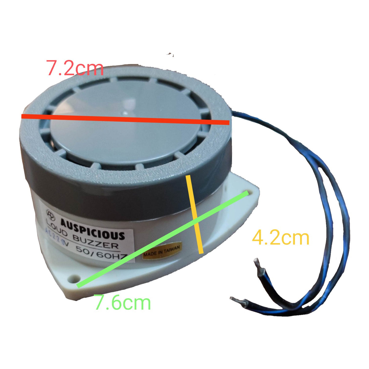 A small cylindrical automotive sound barrier buzzers labeled AUSPICIOUS, with red, green, yellow, and orange measurement lines indicating dimensions of 7.2cm, 7.